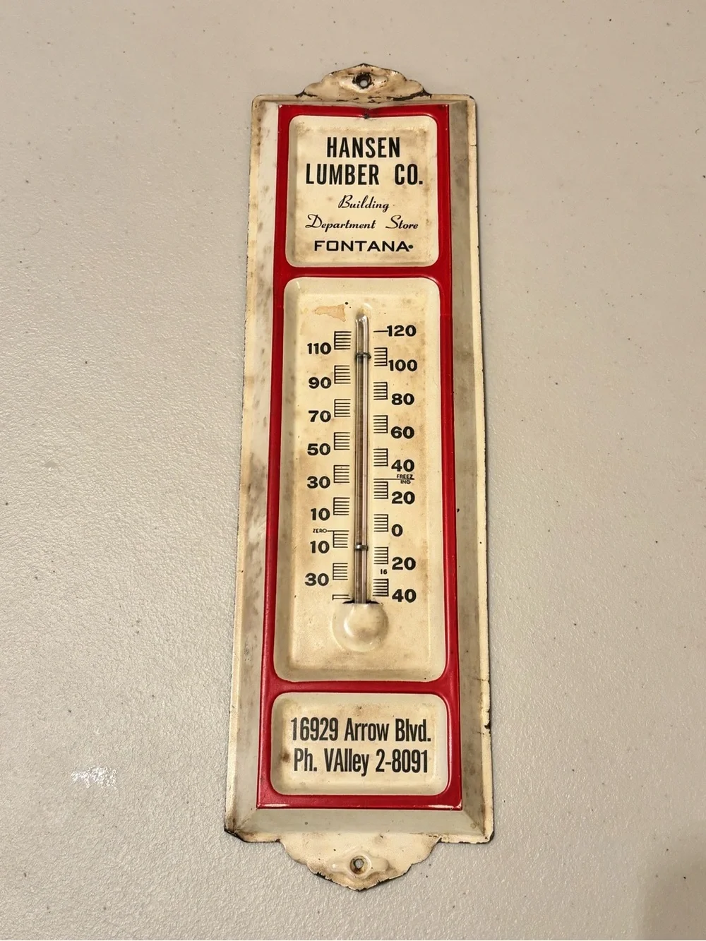 Vintage metal advertising wall thermometer, Fontana, California